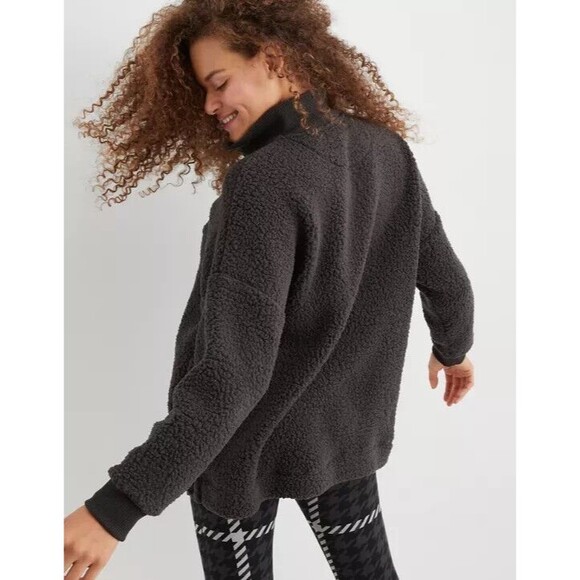 Aerie Large Dream Sherpa Sweatshirt Smoked Gray Quarter Zip Ribbed Neck NWT - Picture 3 of 13